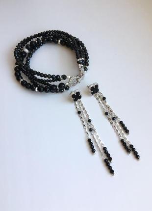 Сребряный комплект браслет і сережки з чорних каменів онікс, агат, шпінель "елегантність"9 фото
