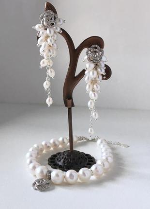 Серебряный браслет из белоснежного жемчуга "белые розы"2 фото