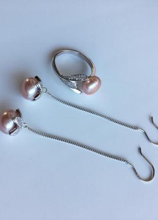 Оригинальные серебряные серьги и кольцо из натурального розового жемчуга "цветение сакуры"7 фото