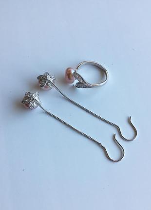 Оригинальные серебряные серьги и кольцо из натурального розового жемчуга "цветение сакуры"3 фото