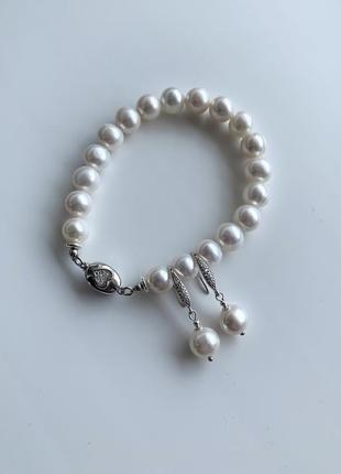 Класичний срібний комплект браслет і сережки з білого перлів "перлинна класика"