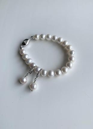 Класичний срібний комплект браслет і сережки з білого перлів "перлинна класика"6 фото