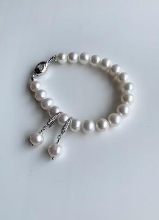 Класичний срібний комплект браслет і сережки з білого перлів "перлинна класика"5 фото