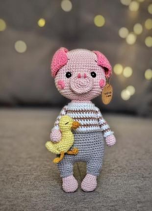 Іграшка рожева свинка з каченятком , ручна робота2 фото
