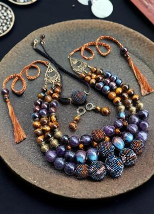 Ожерелье, чокер и серьги `тихая ночь` (аметист, тигровый глаз, керамика)1 фото