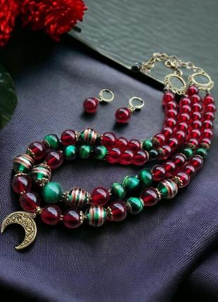 Ожерелье и серьги `вишневый сад` (стекло, тигровый глаз)1 фото