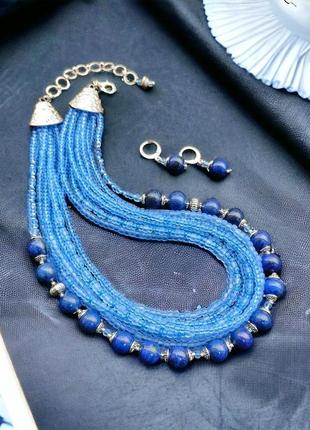 Ожерелье и серьги `первые пролески` (лазурит, стекло)