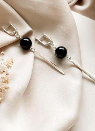 Серебряные длинные серьги с черным турмалином шерл, стильные защитные сережки для нее3 фото