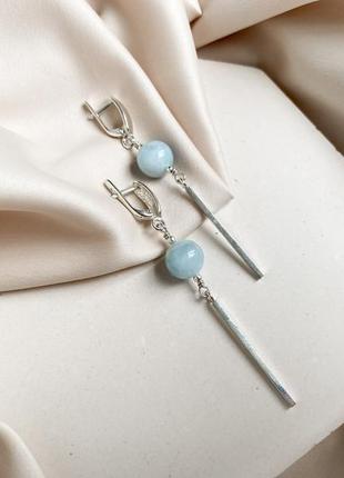 Срібні сережки амелія з аквамарином, вишукані кульчики з блакитним каменем5 фото