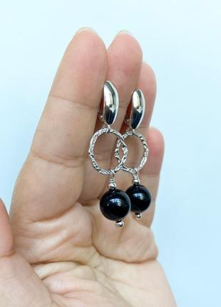 Срібні сережки з чорним турмаліном шерл, вишукані жіночі кульчики з чорним каменем3 фото