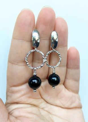 Срібні сережки з чорним турмаліном шерл, вишукані жіночі кульчики з чорним каменем2 фото