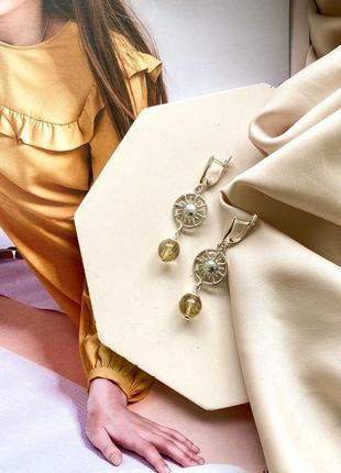 Срібні сережки ручної роботи з золотим рутиловим кварцом, довгі вишукані жіночі сережки8 фото