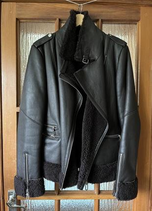 Зимняя кожаная куртка дубленка авиатор с натуральным мехом