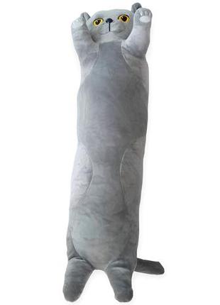 Кіт батон 70 см з об'ємною мордочкою 3д 3d м'яка іграшка антистрес подушка плюшевий котик обіймашка сірий