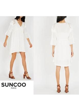 Suncoo paris дизайнерское белое платье пляжное туника с вышивкой кружевом рюши оборки2 фото