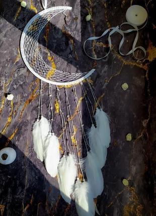 Белый ловец снов луна с аметистом. декор для дома. подарок амулет аксессуар1 фото