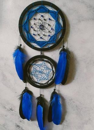 Черно синий ловец снов на два кольца. декор для дома. подарок. амулет.1 фото