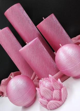 Набір свічок "пильна троянда". стильні інтер'єрні свічки. перламутрові рожеві свічки. подарунок.3 фото
