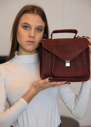 Женская деловая сумка из винтажной натуральной кожи бордового цвета2 фото