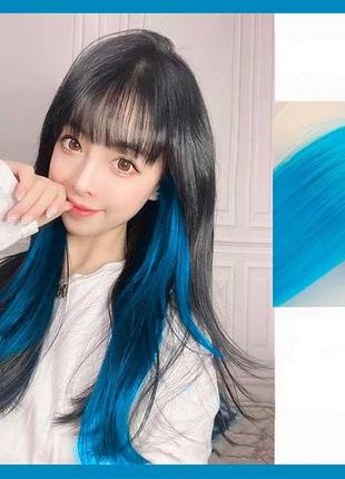 Цветная прядь волос на заколках 60 см голубой накладные волосы