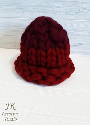 Шапка handmade з відворотом з товстої мериносової вовни