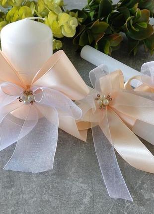 Весільні свічки в персиковому кольорі комплект2 фото
