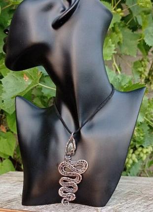 Підвіска у вигляді змії з лабрадоритом, змія з мідного дроту,захисний амулет2 фото