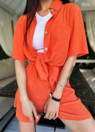 Оранжевый яркий женский летний костюм шорты рубашка оверсайз свободного кроя женский летний прогулочный повседневный костюм10 фото