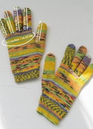 Жовто-зелено-оранжеві перчатки в'язані ручної роботи10 фото