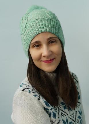 Зелено-блакитна жіноча шапка з помпоном ручної роботи7 фото