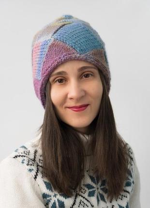 Разноцветная женская шапка вязаная яркая ручной работы4 фото