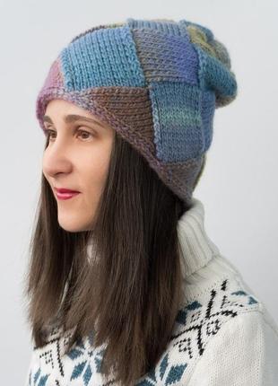 Разноцветная женская шапка вязаная яркая ручной работы9 фото