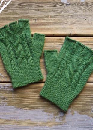 Жіночі вовняні мітенки зелені гловелети ручної роботи9 фото