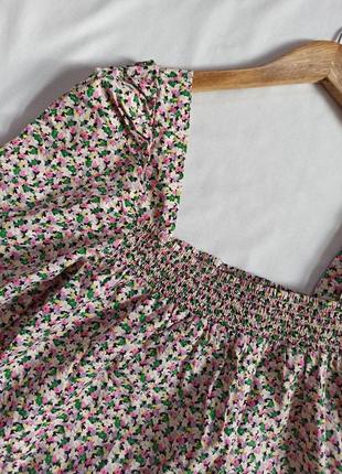 Хлопковый топ/блуза в цветочный принт с объемными рукавами фонарика и квадратным декольте2 фото