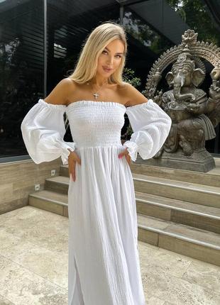 Біла муслінова сукня максі з відкритими плечима жіноча довга сукня з відкритими плечима муслін3 фото