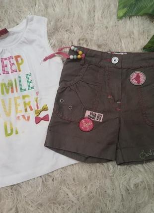 Летний комплект для девочки, набор шорты с нашивками, майка, футболка1 фото