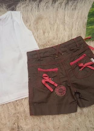 Летний комплект для девочки, набор шорты с нашивками, майка, футболка4 фото