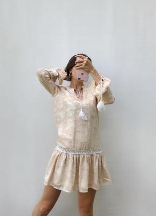 Платье missguided мини бежевое этно с кружевом с кисточками женское платье2 фото