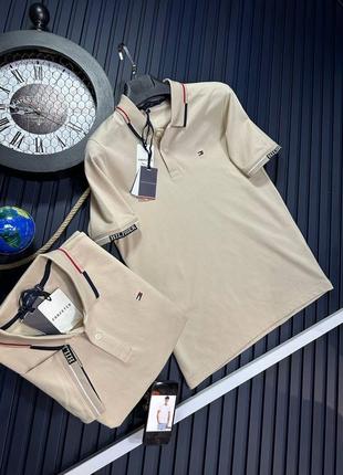 Чоловіча футболка поло tommy hillfiger на весну у бежевому кольорі premium якості, стильна та зручна футболка на кожен день