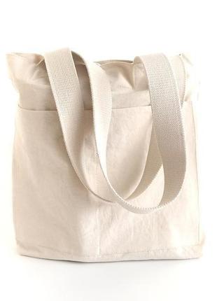 Бежева еко сумка , шопер з міцними ручками та кишенею сумка з саржі1 фото