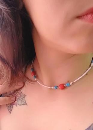Нежное украшение на шею, чокер с кораллом, бирюзой и жемчугом, подарок девушке2 фото