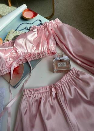 Пижама, пижама женская, розовая пижама, комплект для сна, комплект для дома, пижама атласная, атласный набор
