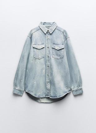 Zara джинсовая рубашка оверсайз с грязным эффектом, пятнами и потертостями, грязная рубашка, куртка, джинсовка, джинсовка5 фото