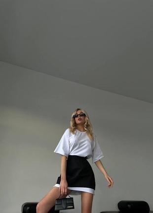 Костюм женский белый оверсайз футболка черная юбка мини на высокой посадке качественный стильный трендовый2 фото