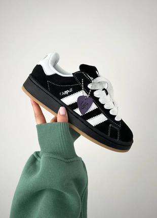 Женские кроссовки адидас кампус чёрно-белые премиум / adidas campus x korn black premium