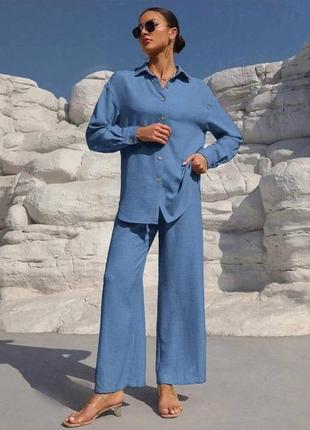 Терракотовый женский брючный прогулочный повседневный костюм широкие брюки рубашка свободного кроя женский базовый универсальный костюм9 фото