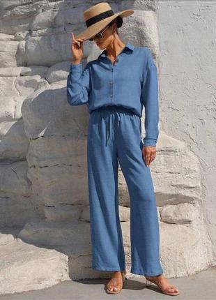 Синий джинс женский брючный прогулочный повседневный костюм широкие брюки рубашка свободного кроя женский базовый универсальный костюм4 фото