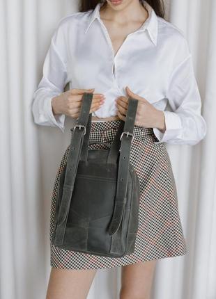 Жіночий міні-рюкзак ручної роботи арт.520 з натуральної вінтажної шкіри сірого кольору3 фото