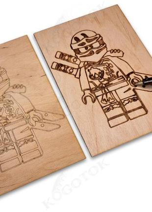 Фанера для обжига 4 мм с нанесенным рисунком "ниндзяго". формат а5. художественная тонировка.