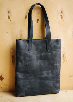 Сумка шопер, жіноча сумочка з натуральної шкіри синього кольору6 фото